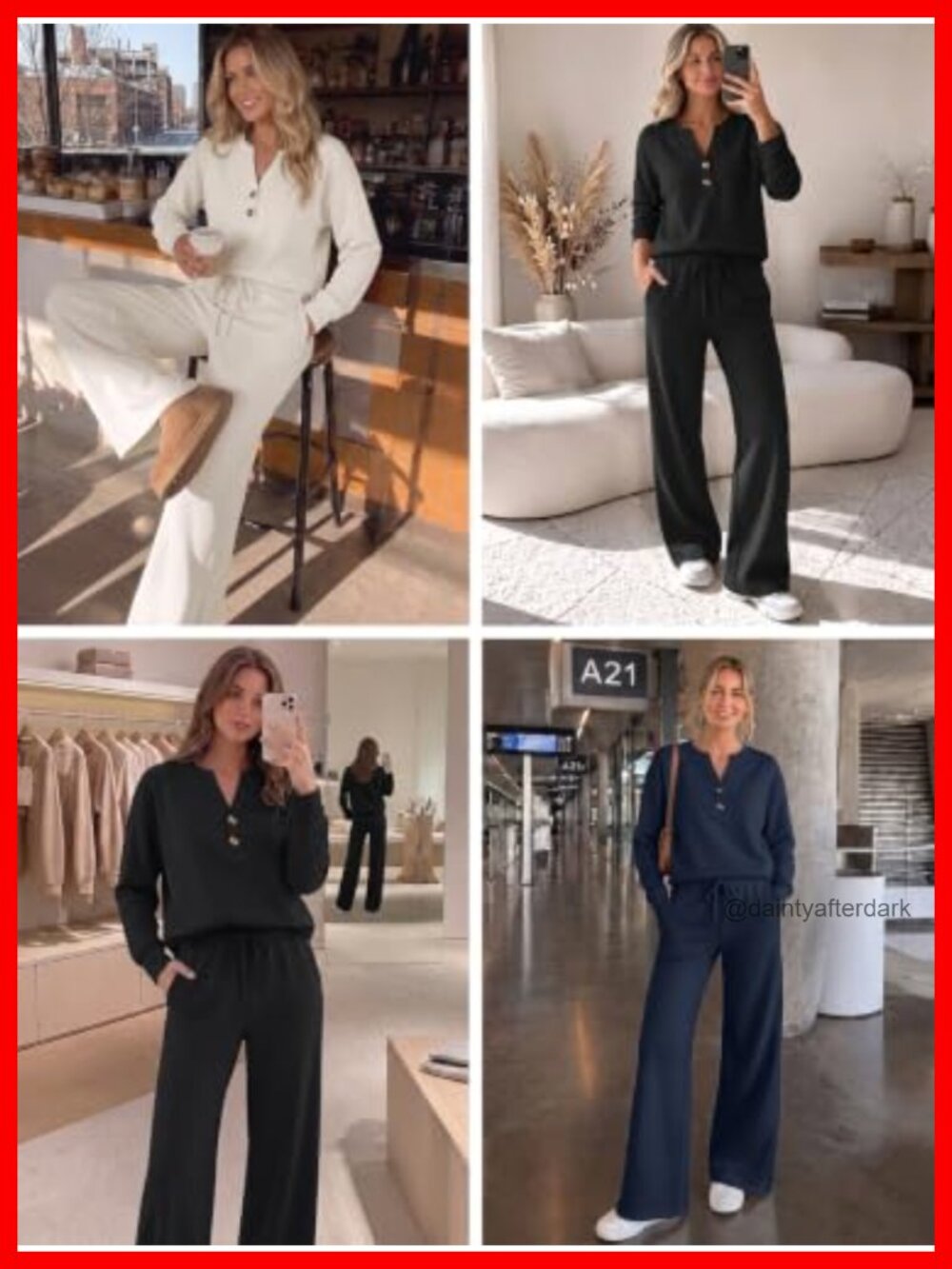 Modal Blend 2 Piece Lounge Set Henley Top Wide Leg Pants Sweatsuit - Picture 5 of 5